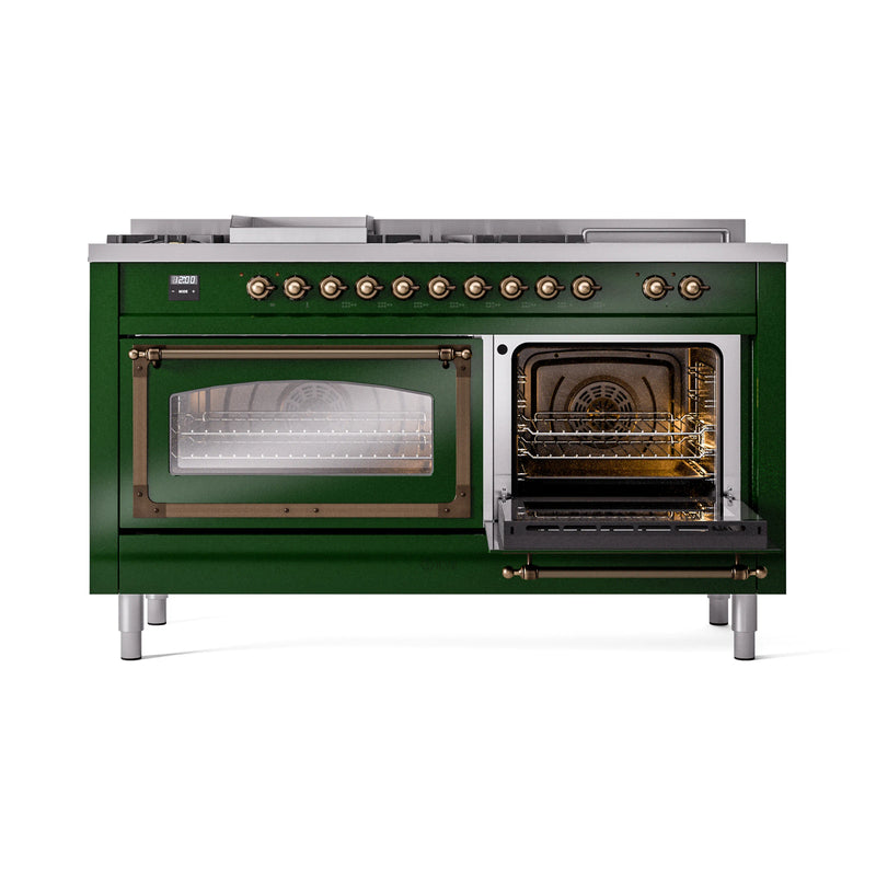 ILVE 60-Inch Nostalgie II Noblesse Dual Fuel Range with 7 Sealed Burners, Griddle, French Top, and Triple Glass Door Oven in Emerald Green with Bronze Trim (UN60FSNMPEGB)