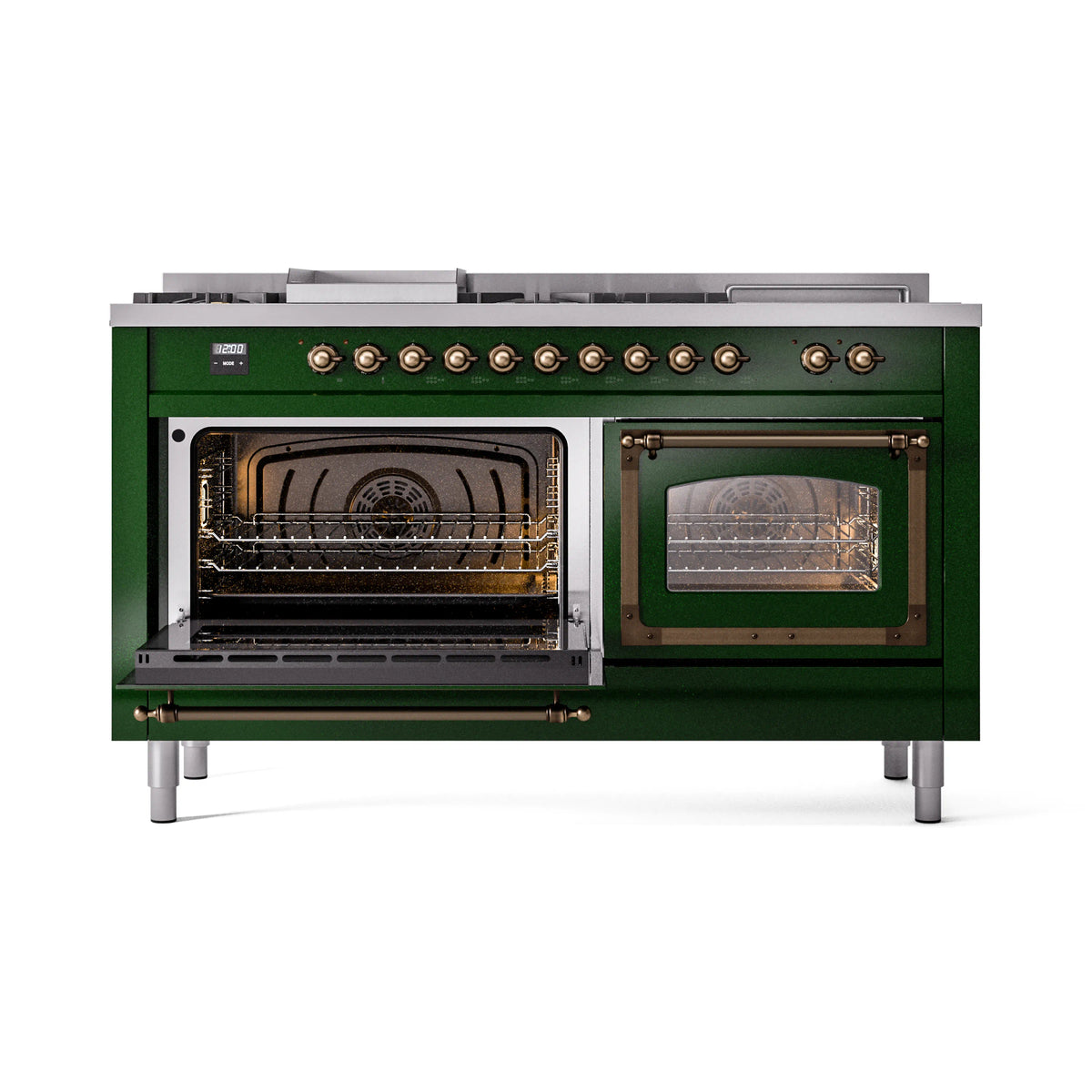 Emerald green range with two open ovens and visible bake elements behind glass