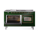 ILVE 60-Inch Nostalgie II Noblesse Propane Gas Dual Fuel Range with 7 Sealed Burners, Griddle, French Top, and Triple Glass Door Oven in Emerald Green with Bronze Trim (UN60FSNMPEGBLP)
