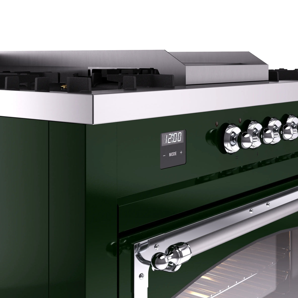 Emerald green range control panel with digital display and chrome burner knobs