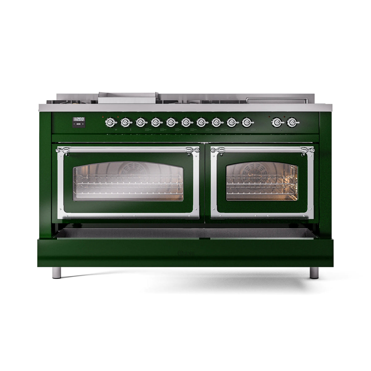 Emerald green dual fuel range with chrome trim and two glass oven windows