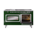 ILVE 60-Inch Nostalgie II Noblesse Propane Gas Dual Fuel Range with 7 Sealed Burners, Griddle, French Top, and Triple Glass Door Oven in Emerald Green with Chrome Trim (UN60FSNMPEGCLP)