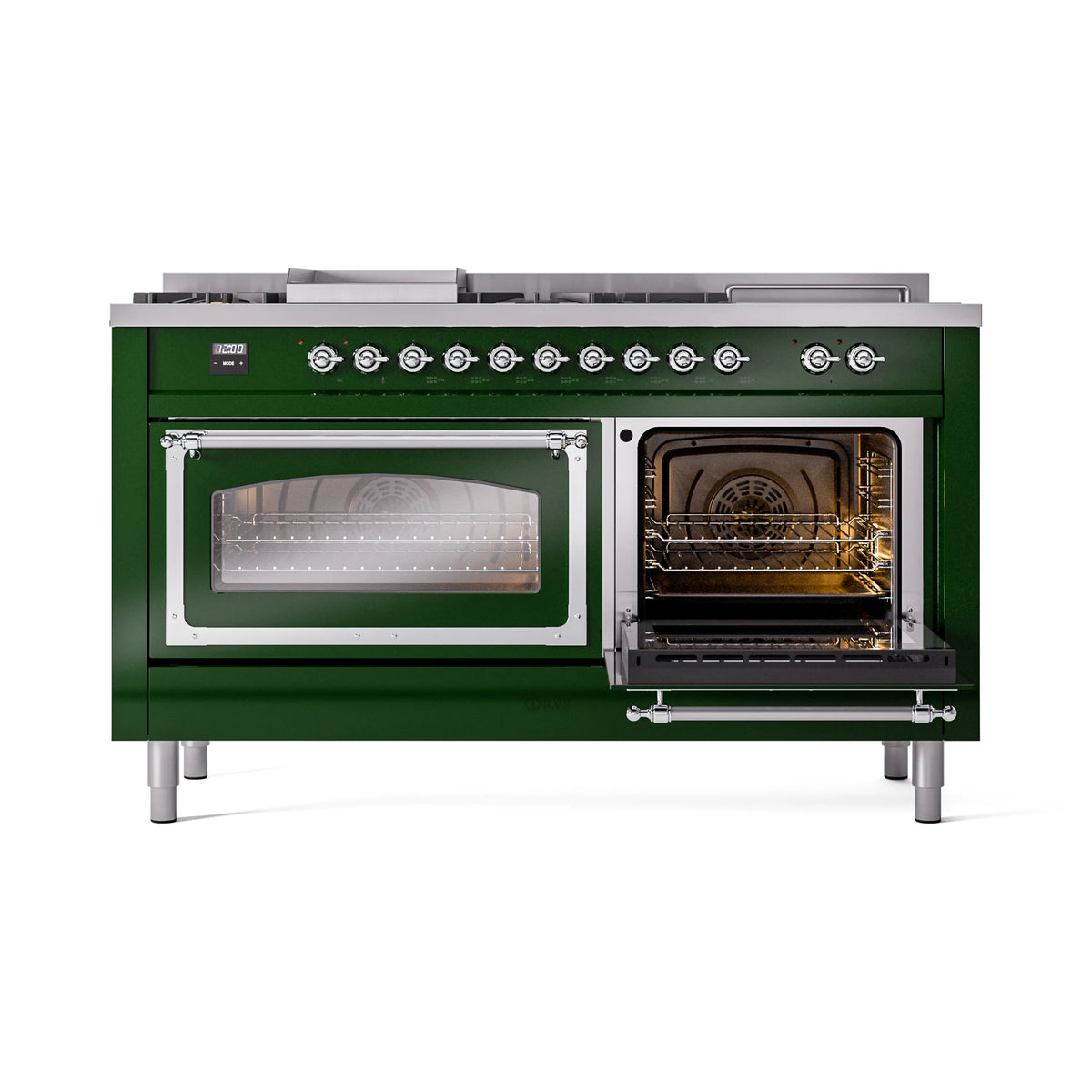 Emerald green dual fuel range with one open oven door and one glass door