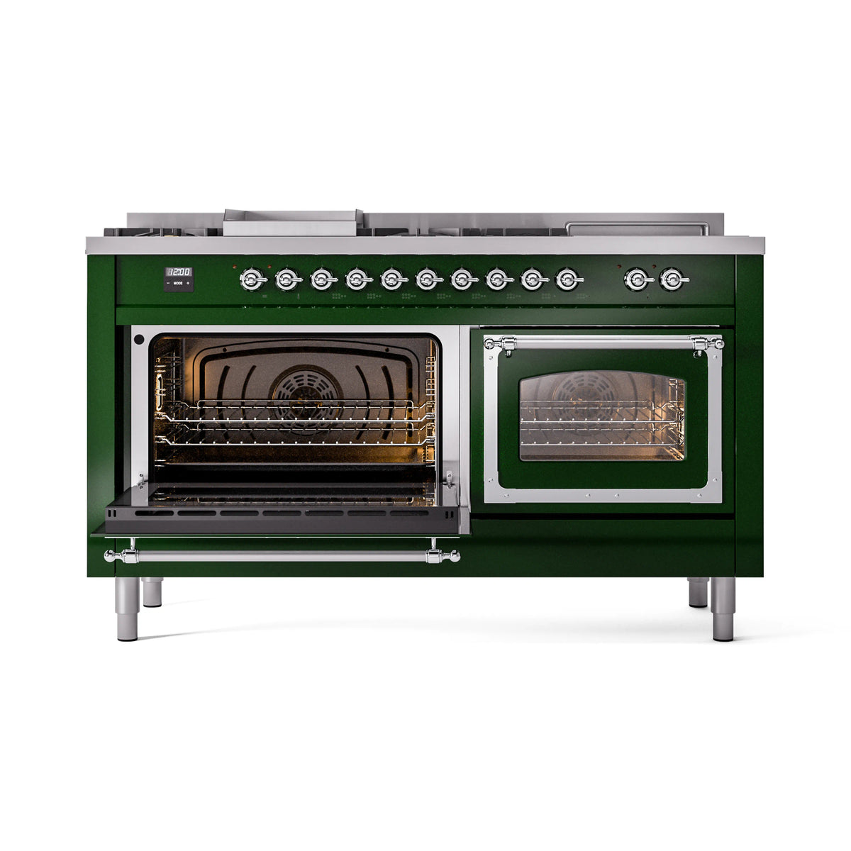 Emerald green dual fuel range with both ovens open, revealing bake trays