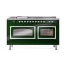 ILVE 60-Inch Nostalgie II Noblesse Propane Gas Dual Fuel Range with 7 Sealed Burners, Griddle, French Top, and Triple Glass Door Oven in Emerald Green with Chrome Trim (UN60FSNMPEGCLP)