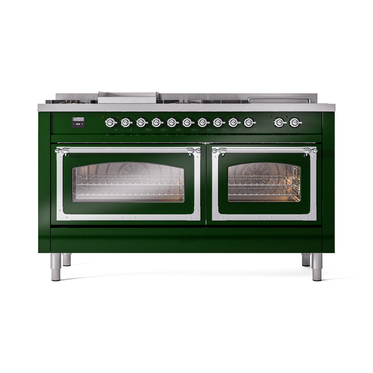 Emerald green dual fuel range with chrome trim, griddle, and two glass oven doors
