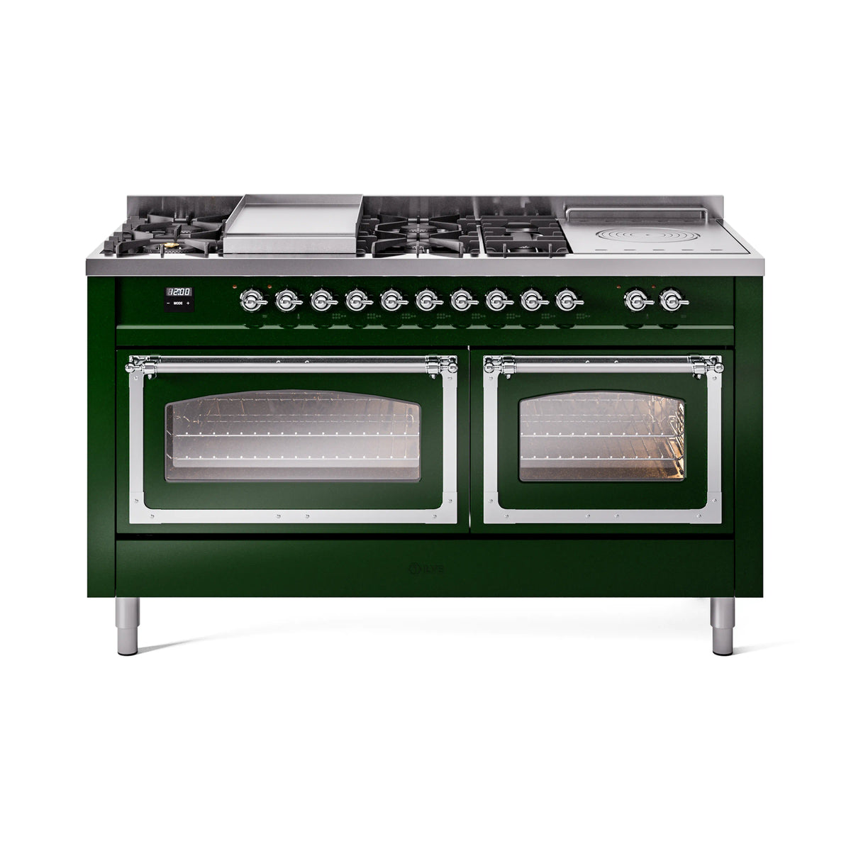 Emerald green dual fuel range with chrome trim and two glass oven doors