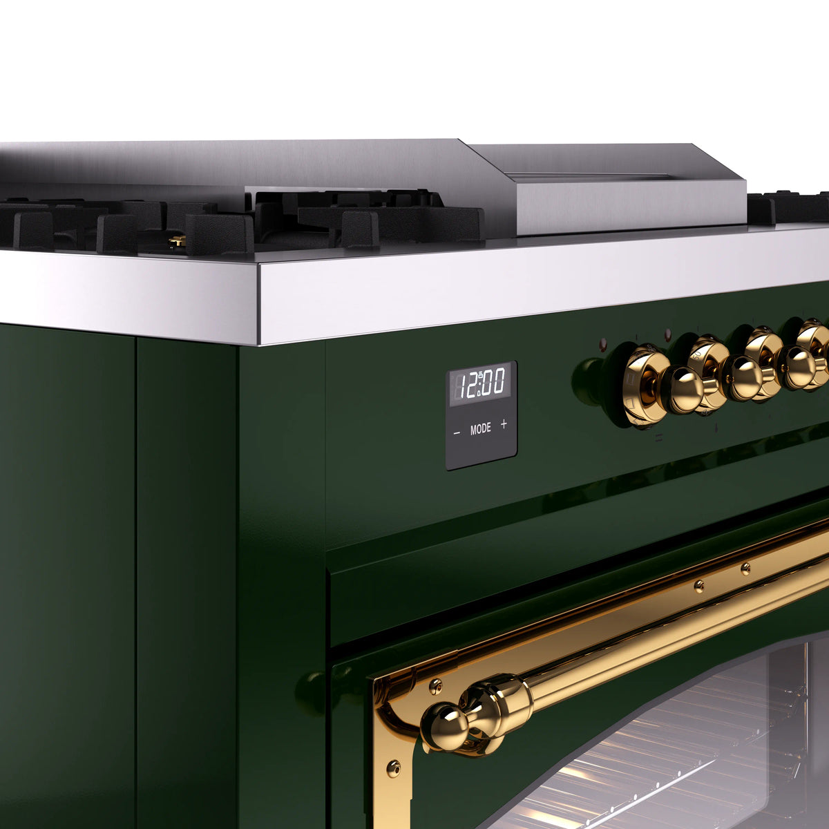 Emerald green dual fuel range control area with brass handle and digital display.