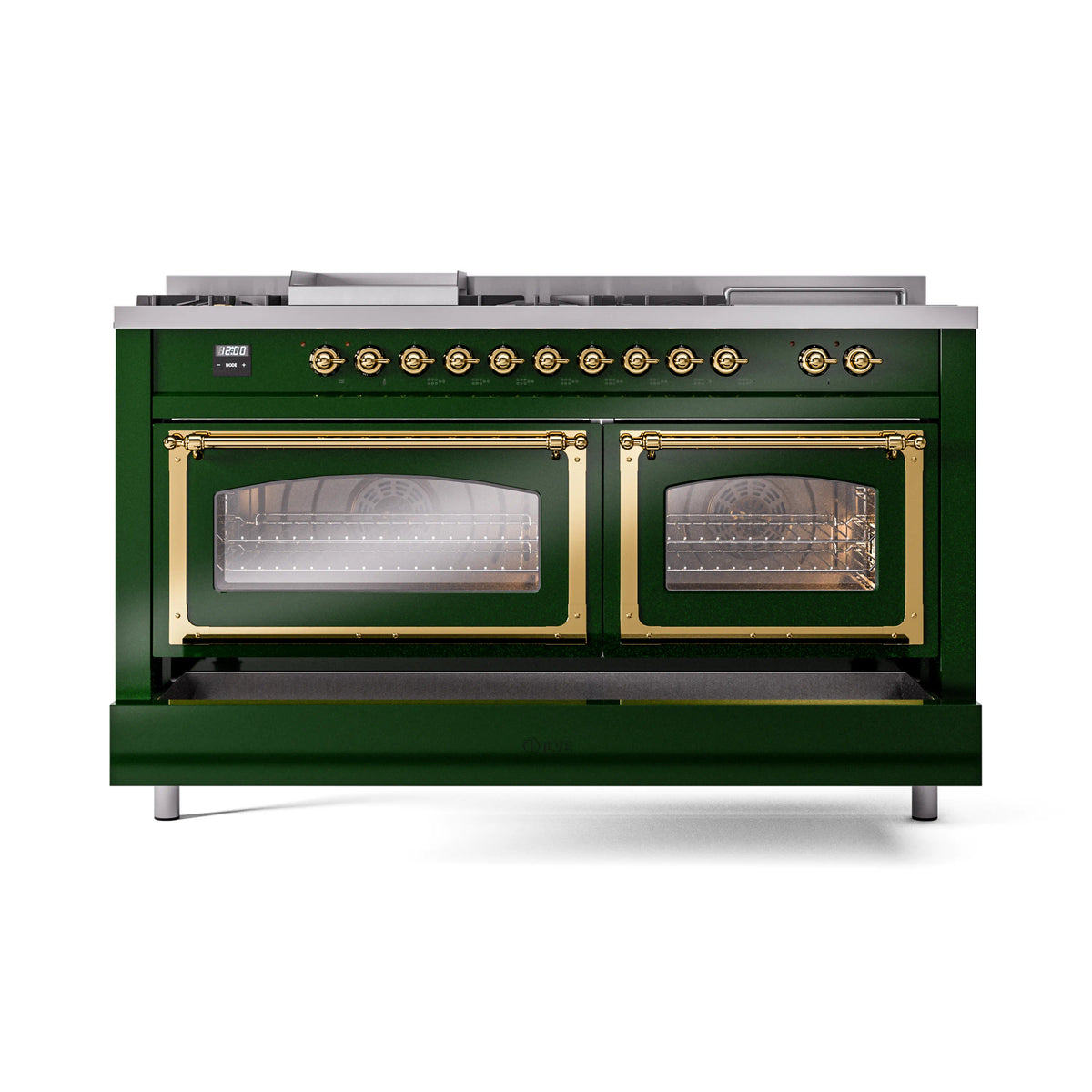 Emerald green dual fuel range with brass trim; both oven doors closed with glass panels.