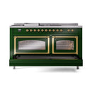 ILVE 60-Inch Nostalgie II Noblesse Propane Gas Dual Fuel Range with 7 Sealed Burners, Griddle, French Top, and Triple Glass Door Oven in Emerald Green with Brass Trim (UN60FSNMPEGGLP)
