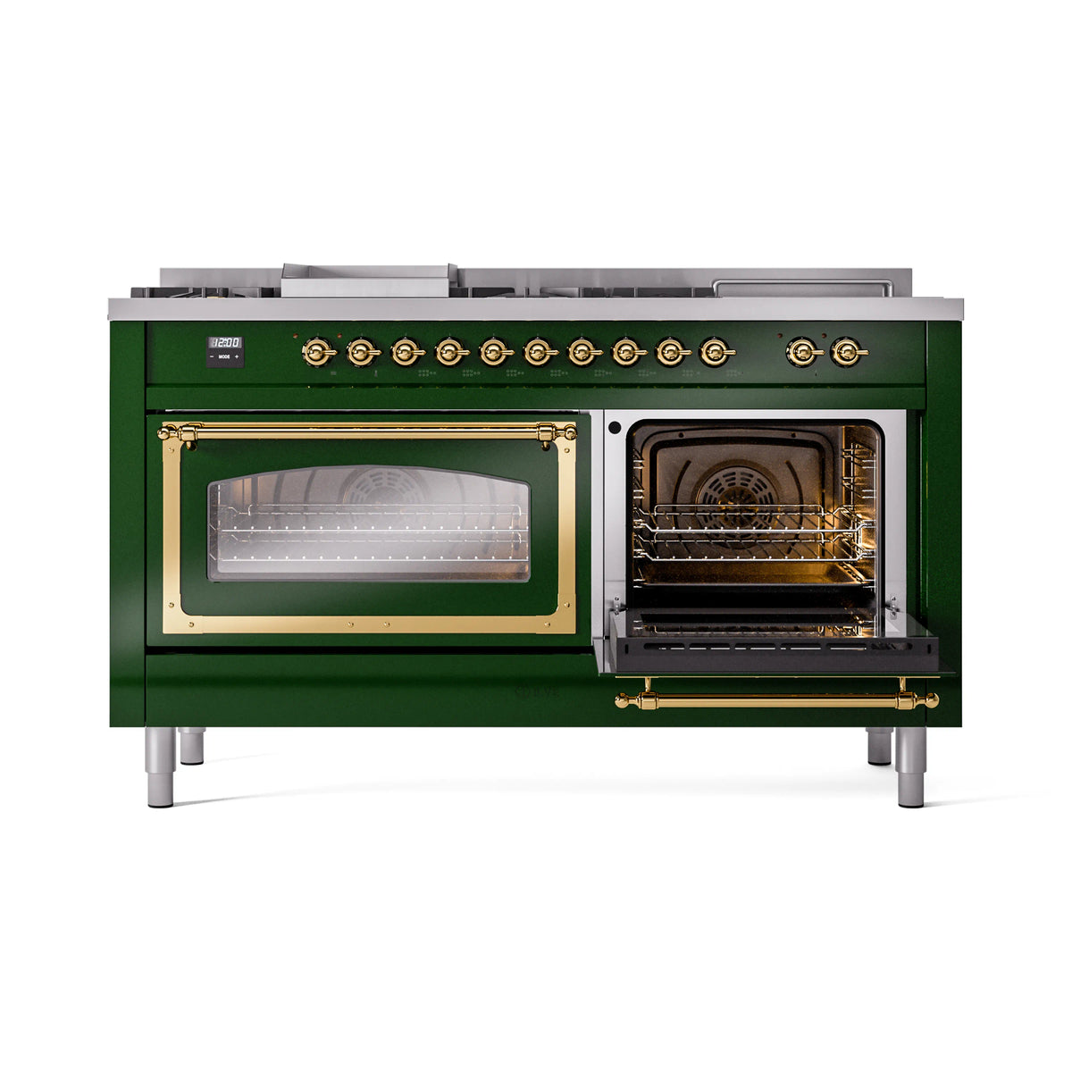 Emerald green dual fuel range with brass trim; left oven door open, right door closed.
