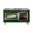 ILVE 60-Inch Nostalgie II Noblesse Natural Gas Dual Fuel Range with 7 Sealed Burners, Griddle, French Top, and Triple Glass Door Oven in Emerald Green with Brass Trim (UN60FSNMPEGG)