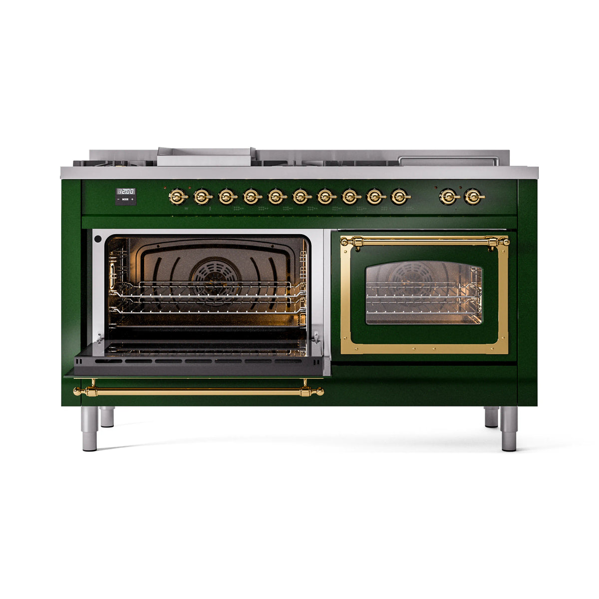 Emerald green range with left oven open and right glass door visible