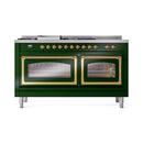 ILVE 60-Inch Nostalgie II Noblesse Propane Gas Dual Fuel Range with 7 Sealed Burners, Griddle, French Top, and Triple Glass Door Oven in Emerald Green with Brass Trim (UN60FSNMPEGGLP)