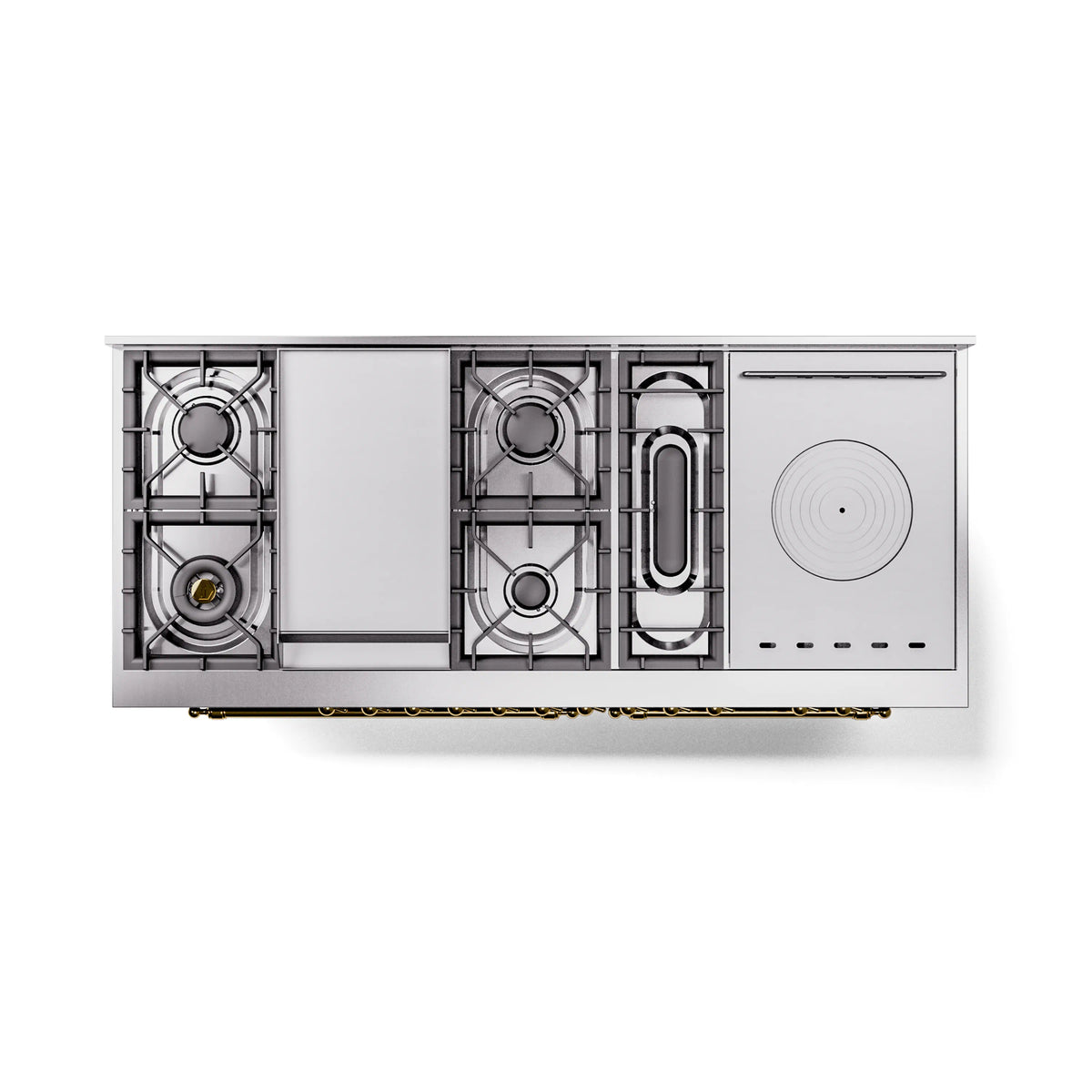 Emerald green dual fuel range side cutaway showing burners and fuel connections behind panels.