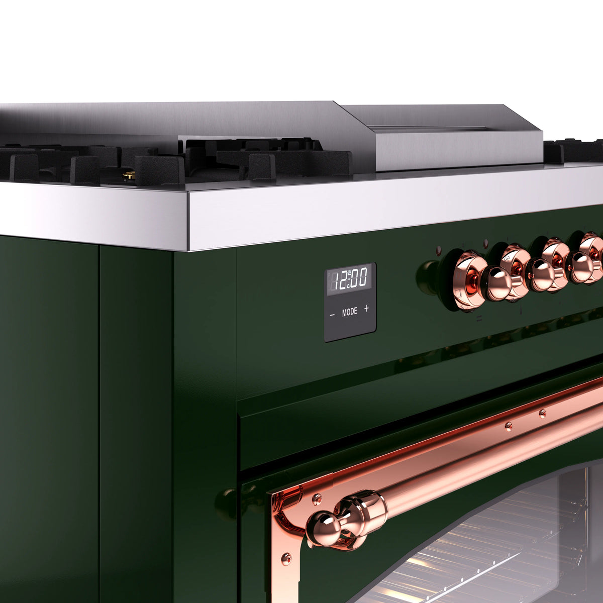 Emerald green dual fuel range control panel with copper knobs and digital display