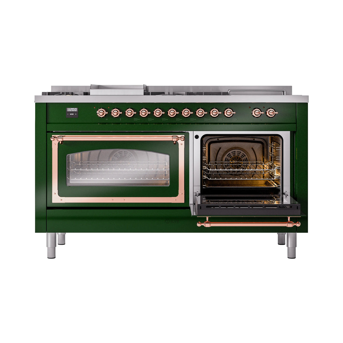 Emerald green dual fuel range with copper trim, left oven door closed right oven open