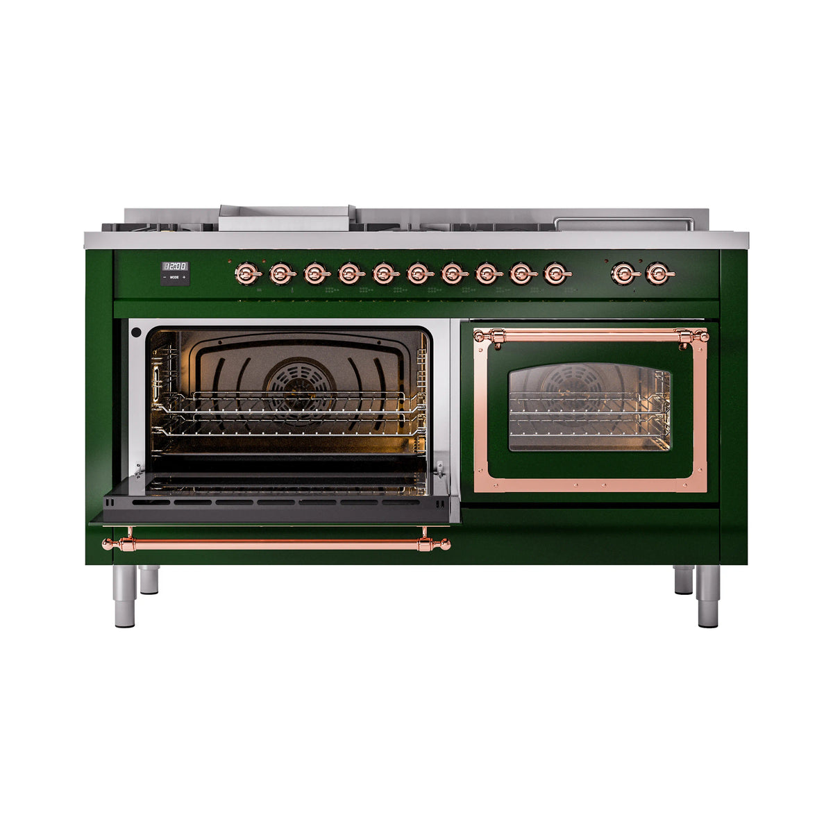 Emerald green dual fuel range with copper trim, left oven open and right oven door closed