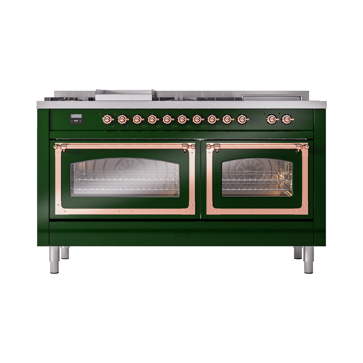 Emerald green range with two closed oven doors and row of copper burner knobs