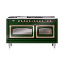 ILVE 60-Inch Nostalgie II Noblesse Natural Gas Dual Fuel Range with 7 Sealed Burners, Griddle, French Top, and Triple Glass Door Oven in Emerald Green with Copper Trim (UN60FSNMPEGP)
