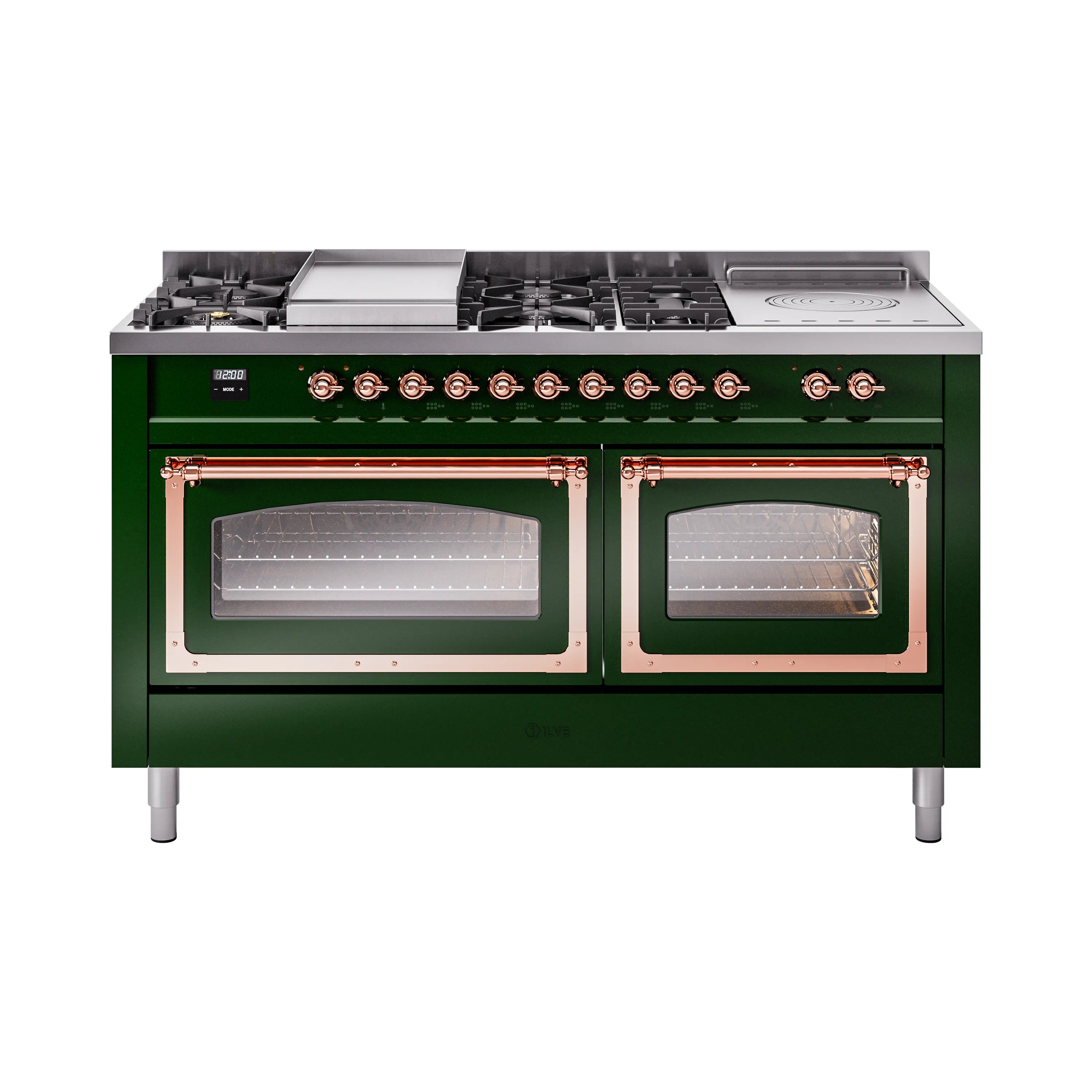 Emerald green dual fuel range with copper trim, two glass oven doors and burner knobs