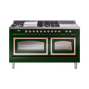 ILVE 60-Inch Nostalgie II Noblesse Natural Gas Dual Fuel Range with 7 Sealed Burners, Griddle, French Top, and Triple Glass Door Oven in Emerald Green with Copper Trim (UN60FSNMPEGP)