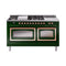 ILVE 60-Inch Nostalgie II Noblesse Natural Gas Dual Fuel Range with 7 Sealed Burners, Griddle, French Top, and Triple Glass Door Oven in Emerald Green with Copper Trim (UN60FSNMPEGP)