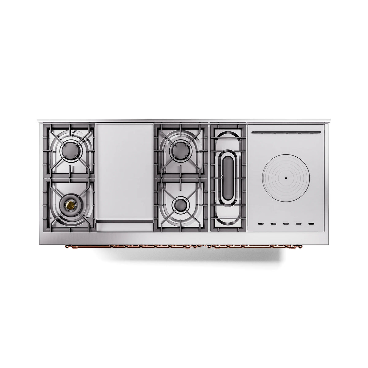 Emerald green dual-fuel range with exposed burner modules and control knobs