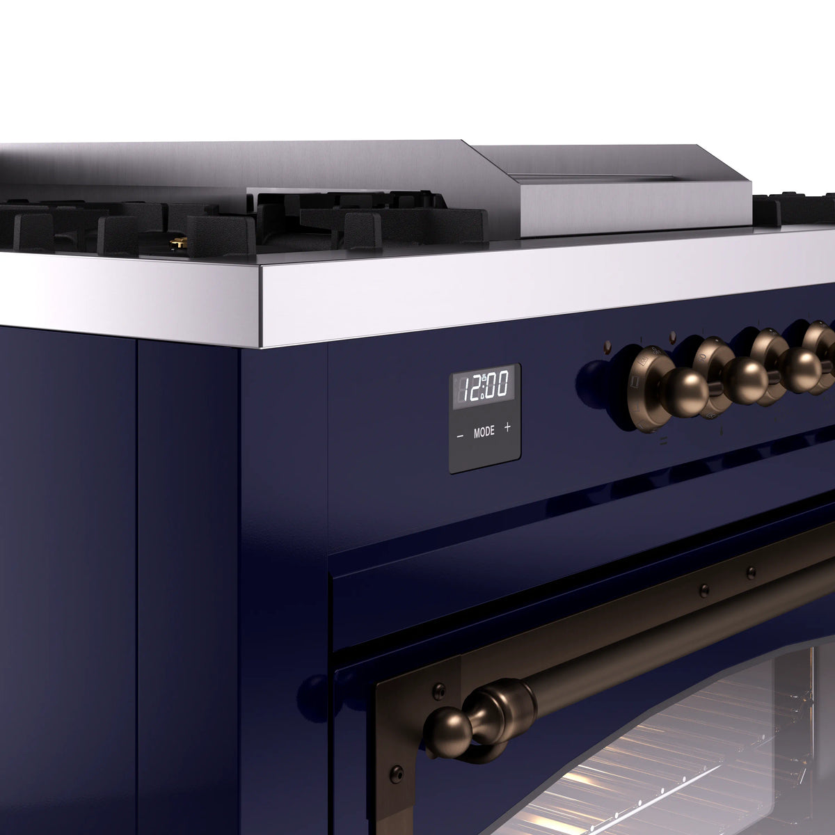 Midnight blue range control panel with knob row and digital display