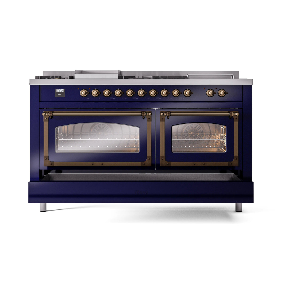 Midnight blue dual-oven range with two glass oven doors and bronze trim