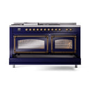 ILVE 60-Inch Nostalgie II Noblesse Natural Gas Dual Fuel Range with 7 Sealed Burners, Griddle, French Top, and Triple Glass Door Oven in Midnight Blue with Bronze Trim (UN60FSNMPMBB)