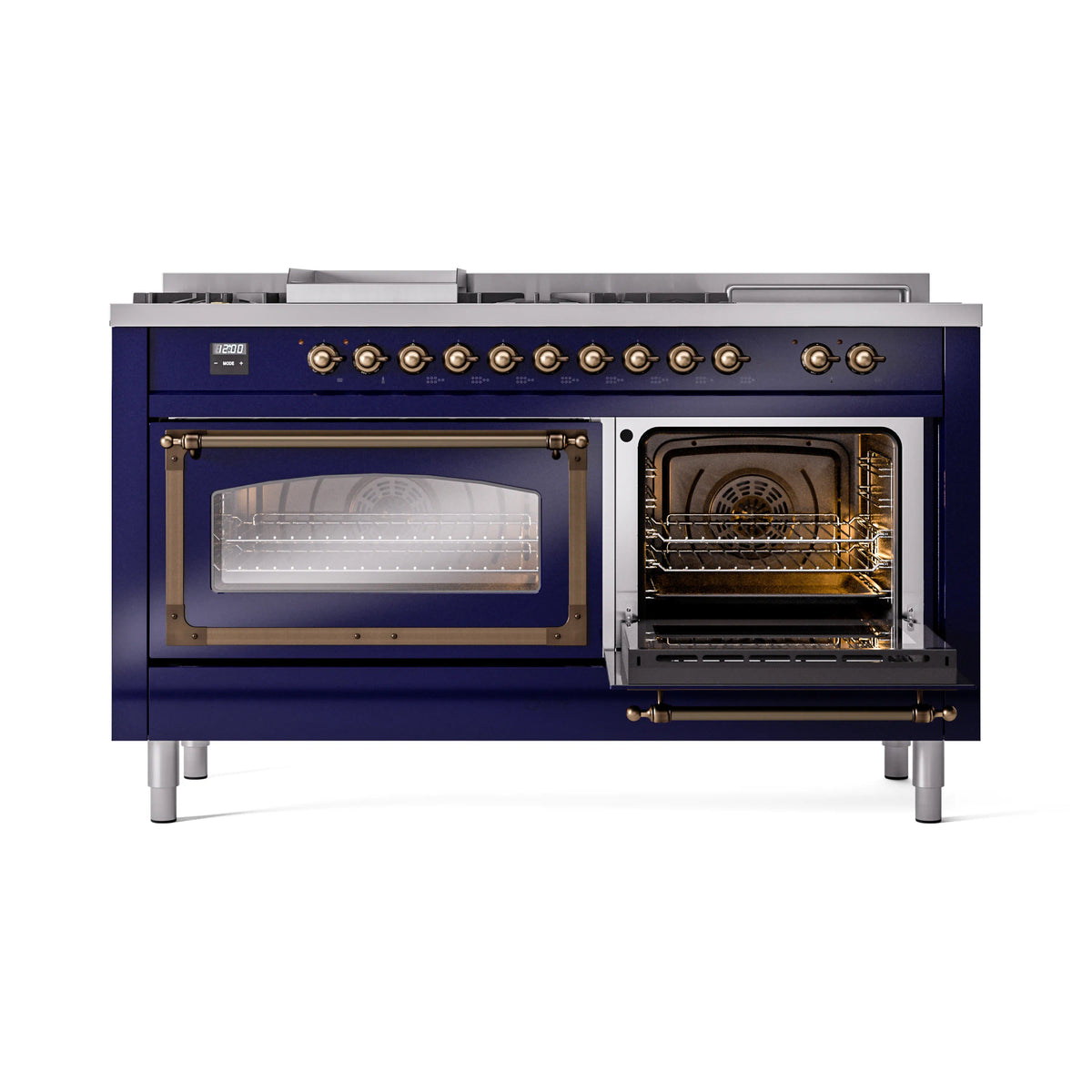 Midnight blue range with two oven openings, glass doors, and bronze control trim