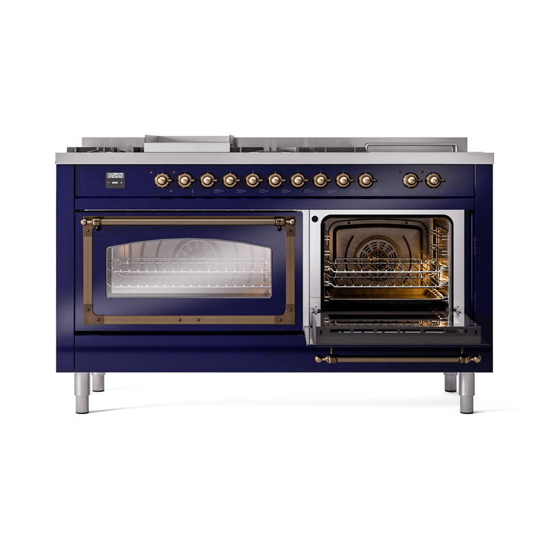 ILVE 60-Inch Nostalgie II Noblesse Dual Fuel Range with 7 Sealed Burners, Griddle, French Top, and Triple Glass Door Oven in Midnight Blue with Bronze Trim (UN60FSNMPMBB)