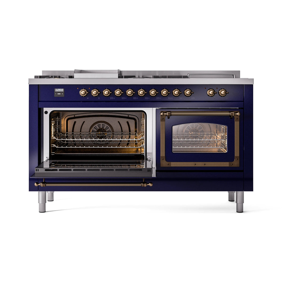 Midnight blue range with both ovens open, racks inside, and bronze trim