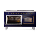 ILVE 60-Inch Nostalgie II Noblesse Propane Gas Dual Fuel Range with 7 Sealed Burners, Griddle, French Top, and Triple Glass Door Oven in Midnight Blue with Bronze Trim (UN60FSNMPMBBLP)