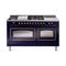 ILVE 60-Inch Nostalgie II Noblesse Natural Gas Dual Fuel Range with 7 Sealed Burners, Griddle, French Top, and Triple Glass Door Oven in Midnight Blue with Bronze Trim (UN60FSNMPMBB)