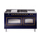 ILVE 60-Inch Nostalgie II Noblesse Dual Fuel Range with 7 Sealed Burners, Griddle, French Top, and Triple Glass Door Oven in Midnight Blue with Bronze Trim (UN60FSNMPMBB)