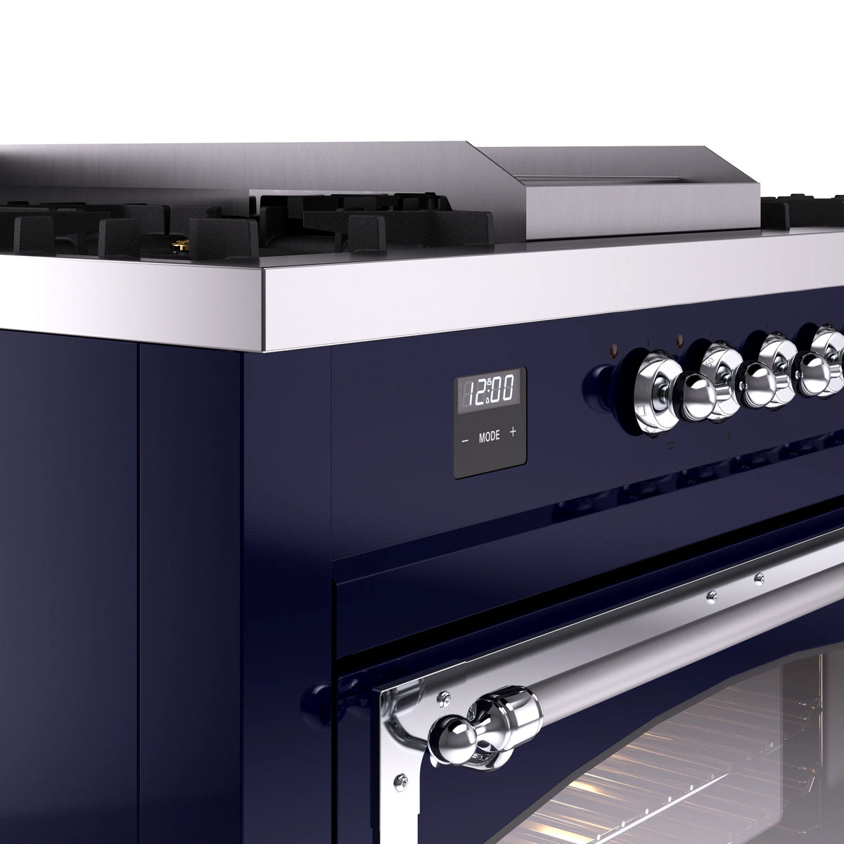 Midnight blue range control panel with knobs, digital display, and chrome handle