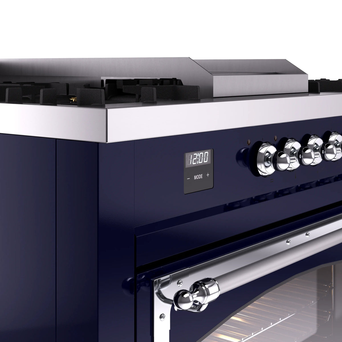 Midnight blue oven control panel with digital display and chrome knob handles