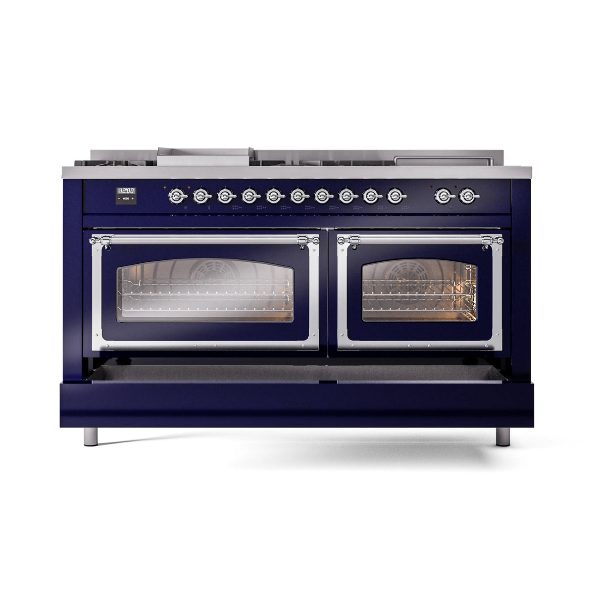 Midnight blue dual oven range with two glass doors and chrome oven trim