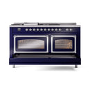 ILVE 60-Inch Nostalgie II Noblesse Propane Gas Dual Fuel Range with 7 Sealed Burners, Griddle, French Top, and Triple Glass Door Oven in Midnight Blue with Chrome Trim (UN60FSNMPMBCLP)