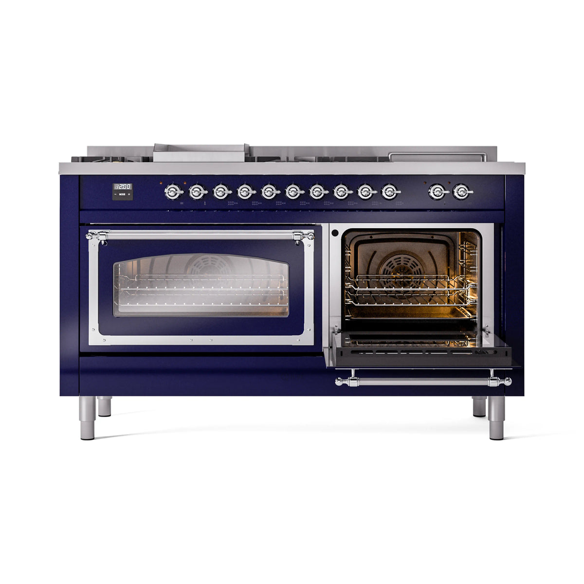 Midnight blue range showing one open oven and one closed oven door with glass