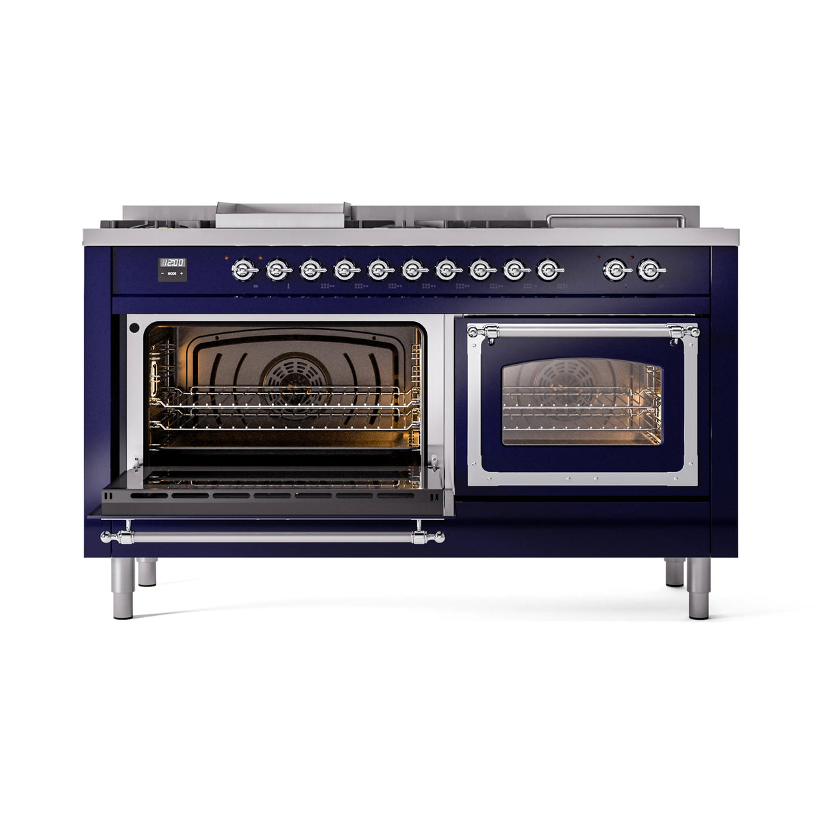 Midnight blue range with right oven door open, showing interior racks and fan