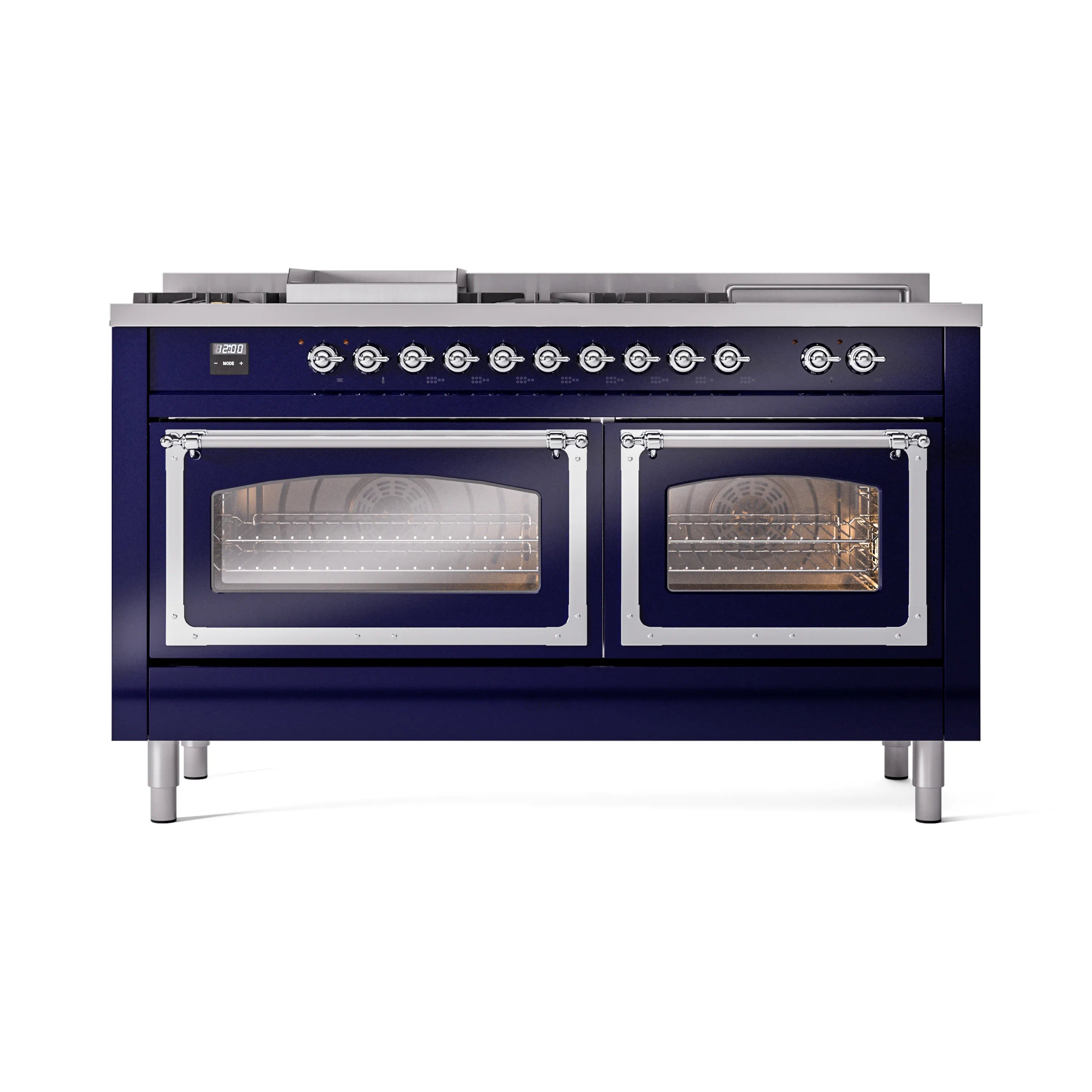 Midnight blue dual oven range with two closed glass doors and chrome trim