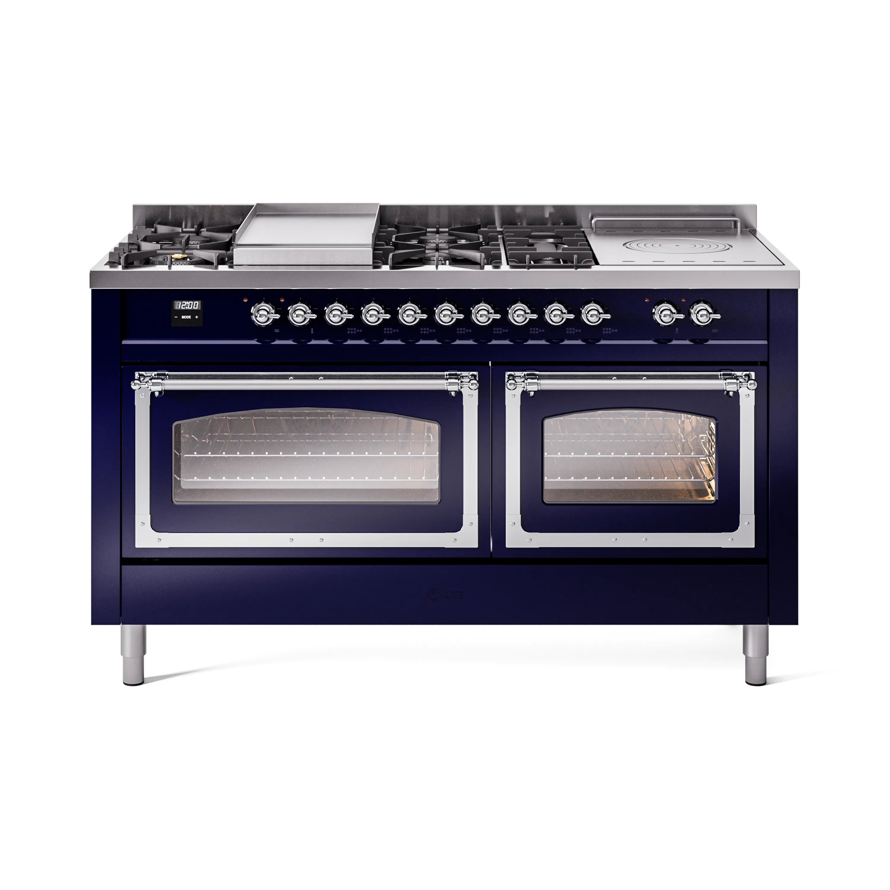 Midnight blue dual fuel range front view with burners, griddle, and twin oven doors