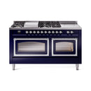 ILVE 60-Inch Nostalgie II Noblesse Propane Gas Dual Fuel Range with 7 Sealed Burners, Griddle, French Top, and Triple Glass Door Oven in Midnight Blue with Chrome Trim (UN60FSNMPMBCLP)