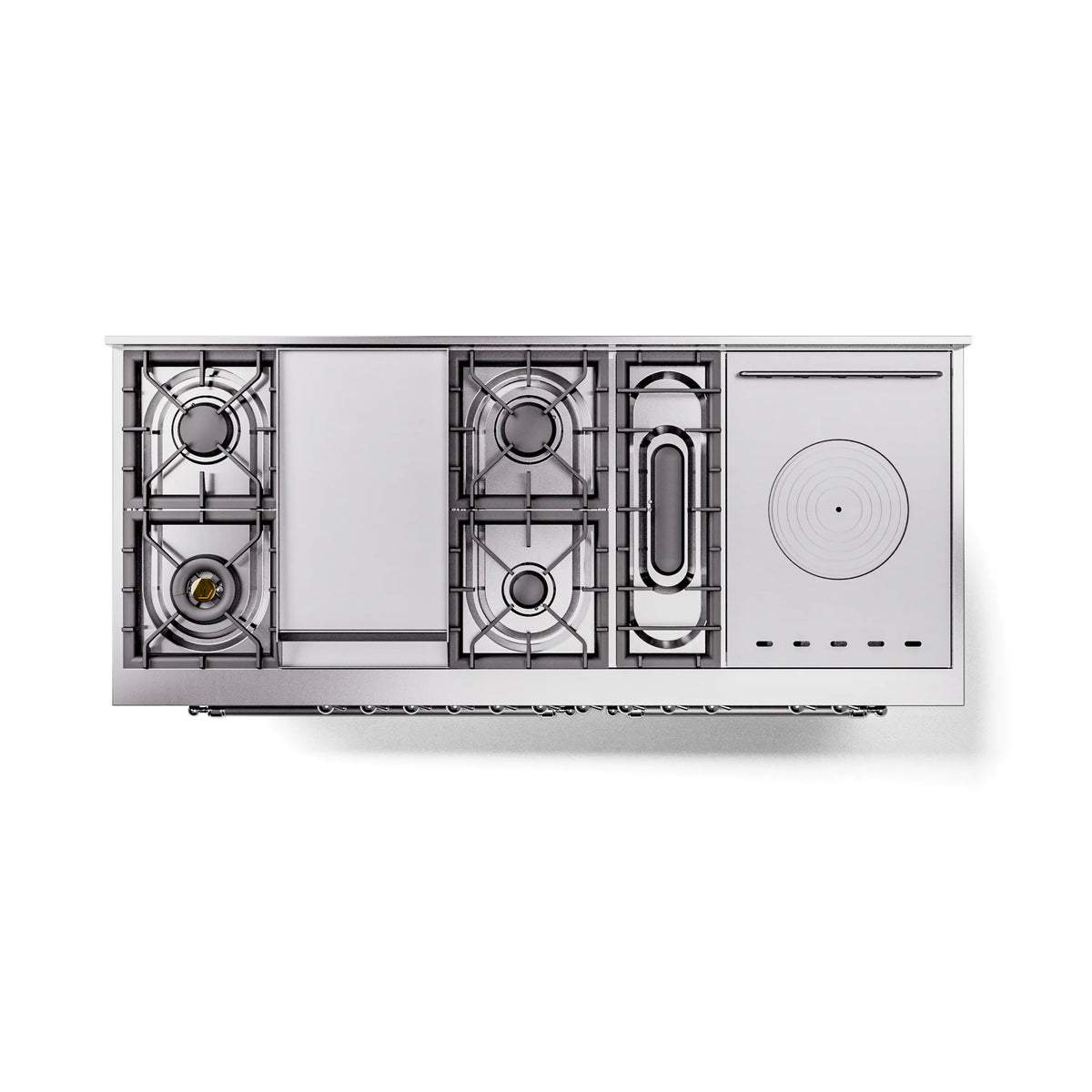 Midnight blue dual fuel range with open cooktop grates and burners, chrome trim
