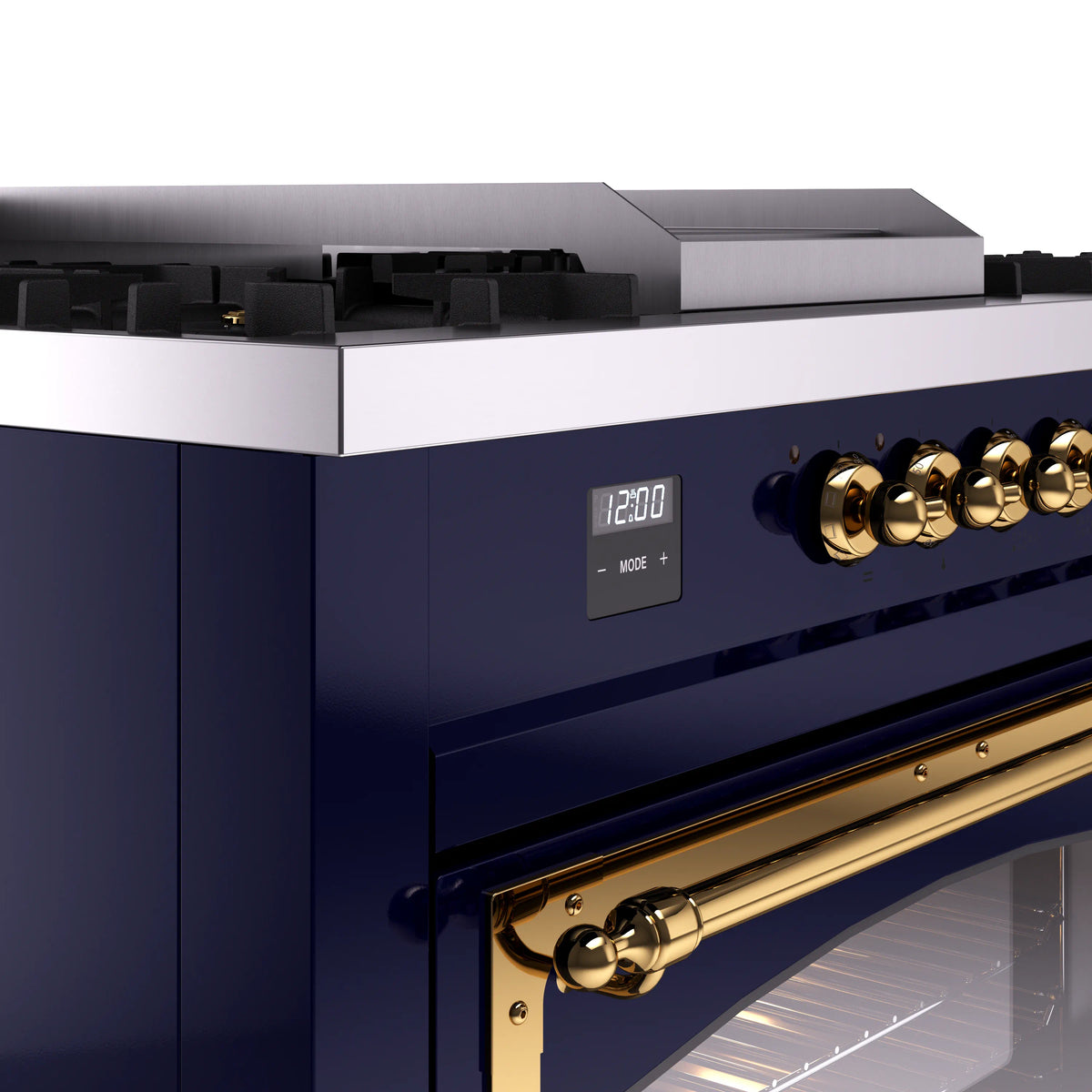 Midnight blue ILVE range control panel with brass knobs and digital clock display