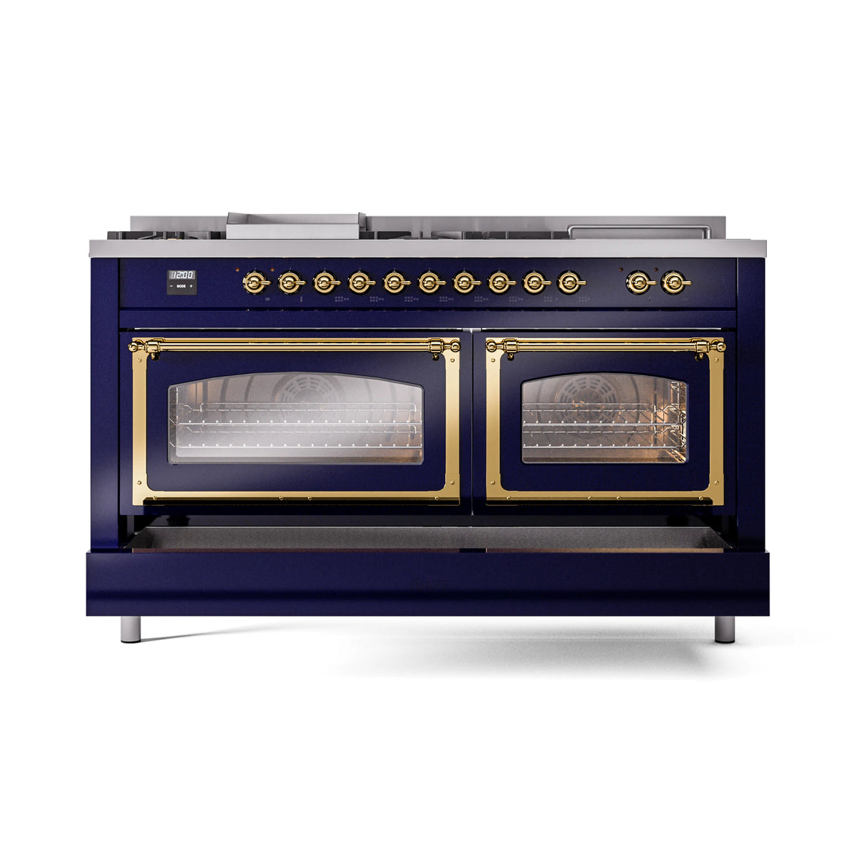 Midnight blue dual fuel range with brass-trim double oven doors and glass windows