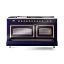 ILVE 60-Inch Nostalgie II Noblesse Natural Gas Dual Fuel Range with 7 Sealed Burners, Griddle, French Top, and Triple Glass Door Oven in Midnight Blue with Brass Trim (UN60FSNMPMBG)